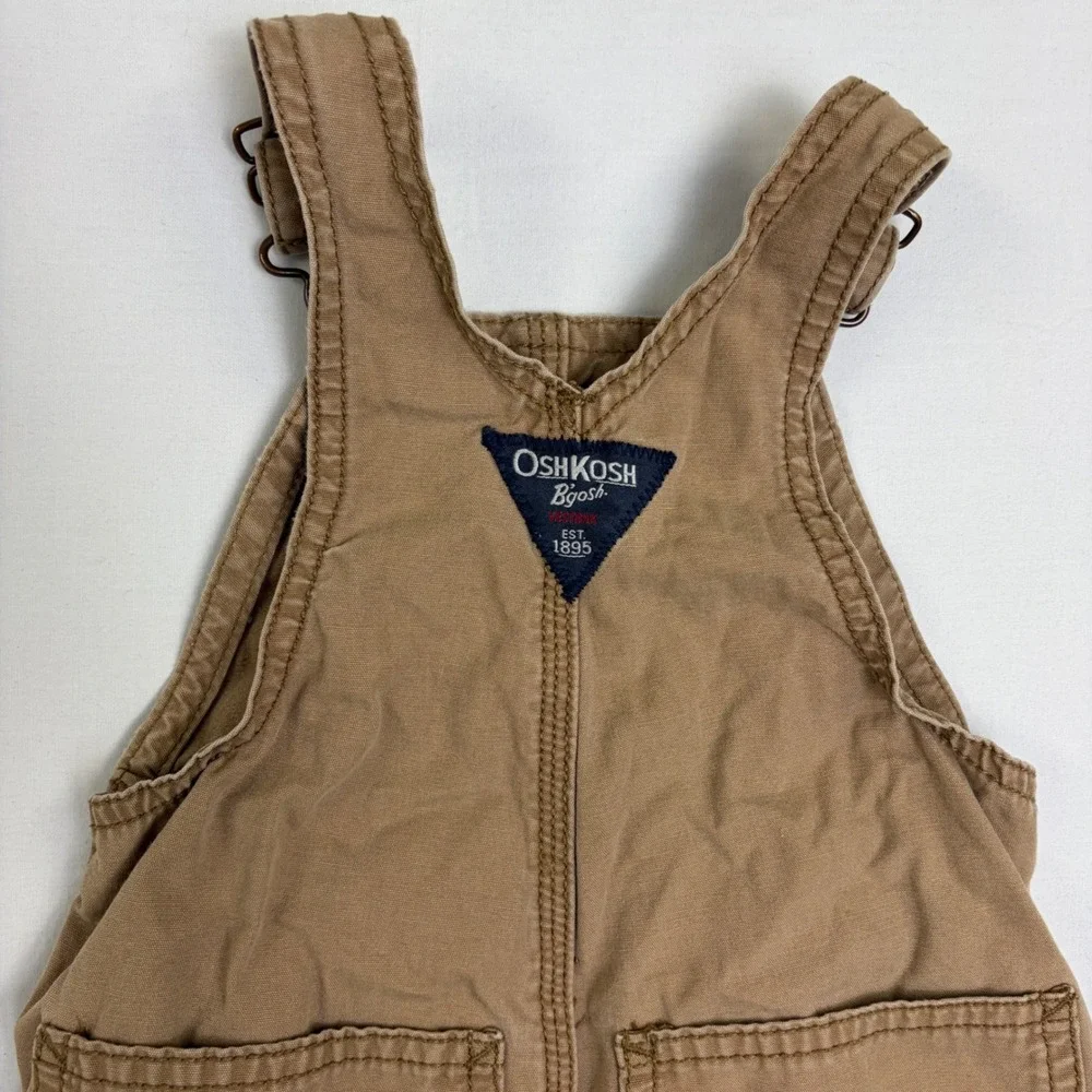 OshKosh Bgosh Kids Tan Canvas Overalls 12 Months Cotton Workwear Snaps Brown